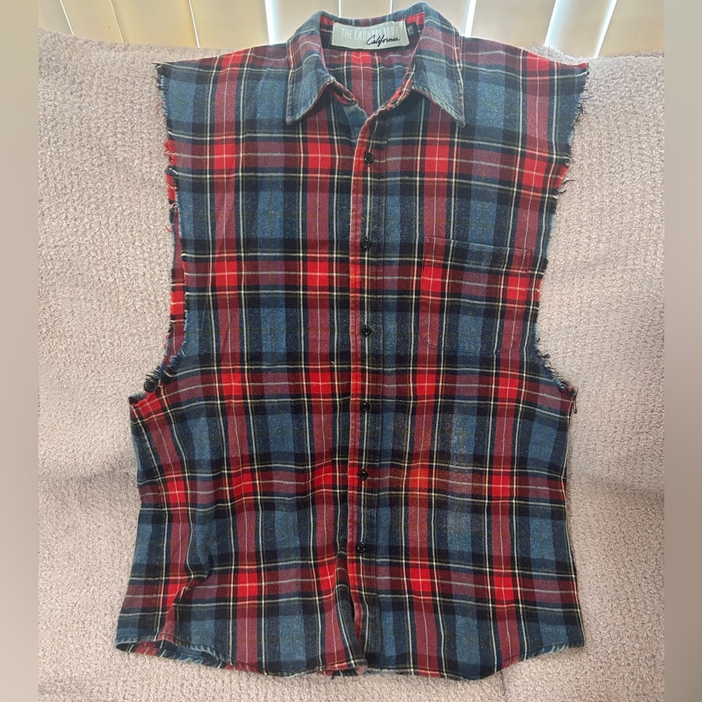 Women’s Red and Blue Plaid Sleeveless Shirt
